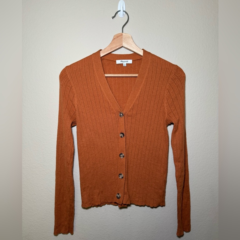 Madewell Small burnt orange ribbed V-neck cardigan